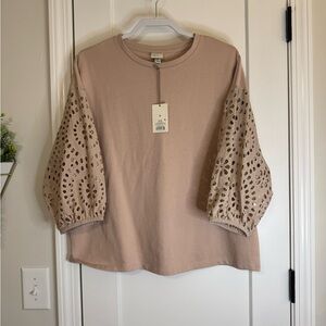 A New Day Taupe Embroidered Puff Sleeves Top NWT